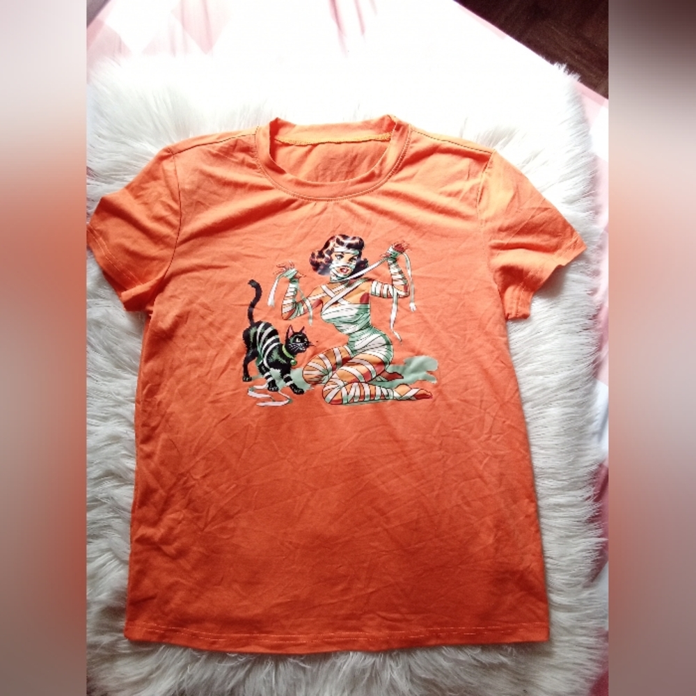 Orange Graphic  Halloween Short Sleeve Tee